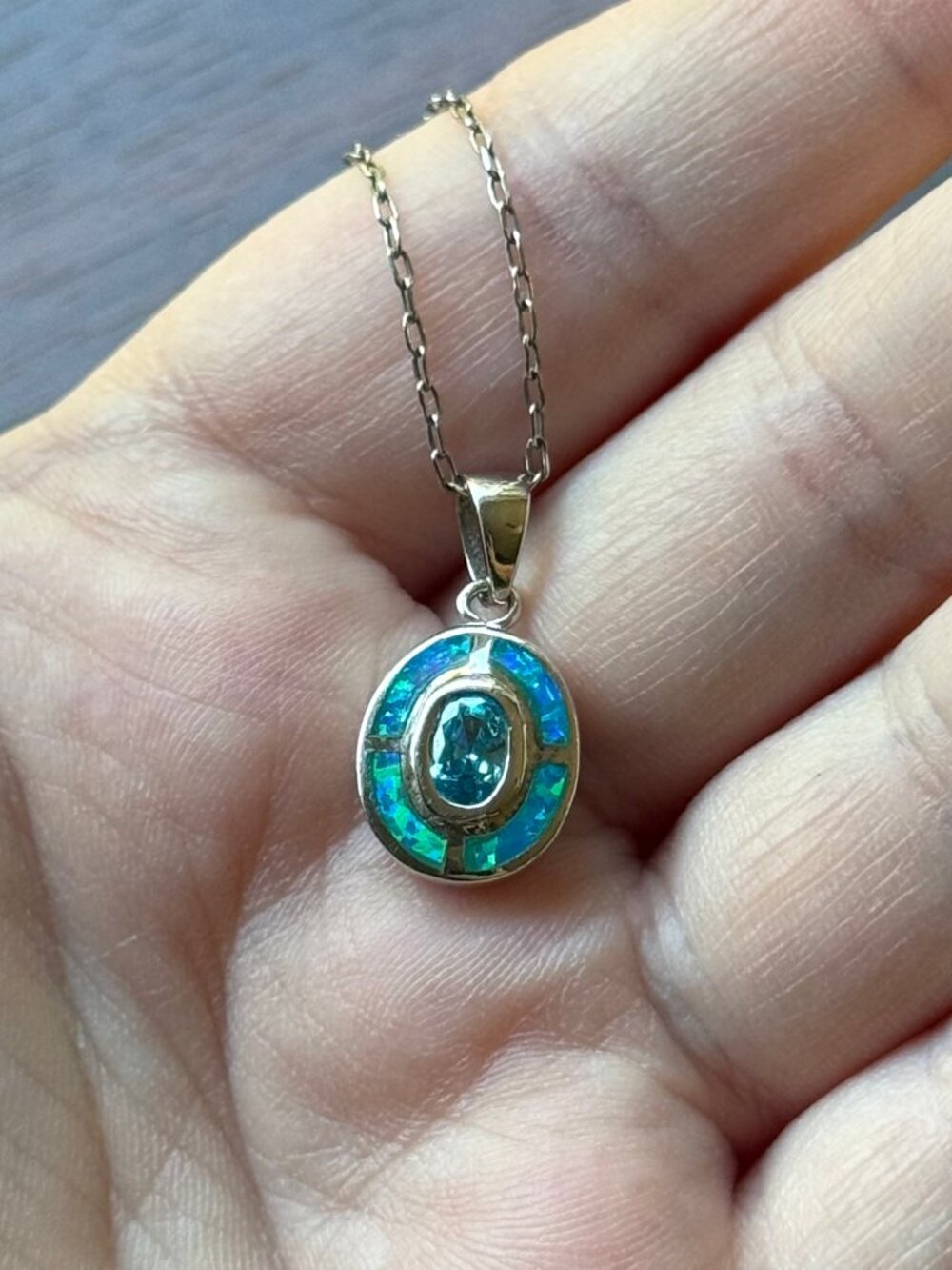 Bright Blue Topaz and Faux Opal Pendant Necklace in Sterling Silver